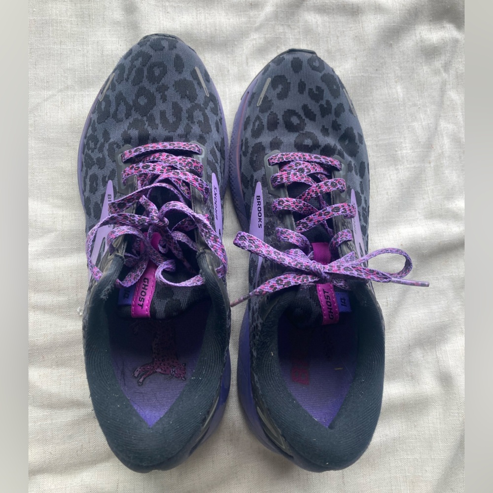 Brooks Ghost Black and Purple Leopard Sneakers